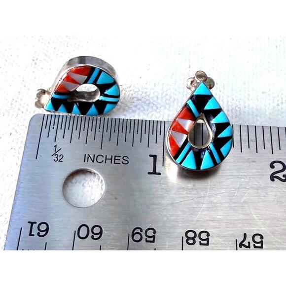 VTG LAAHTY Zuni Handmade Turquoise Multi-Stone Silver 925 Channel Inlay Earrings - Picture 5 of 7